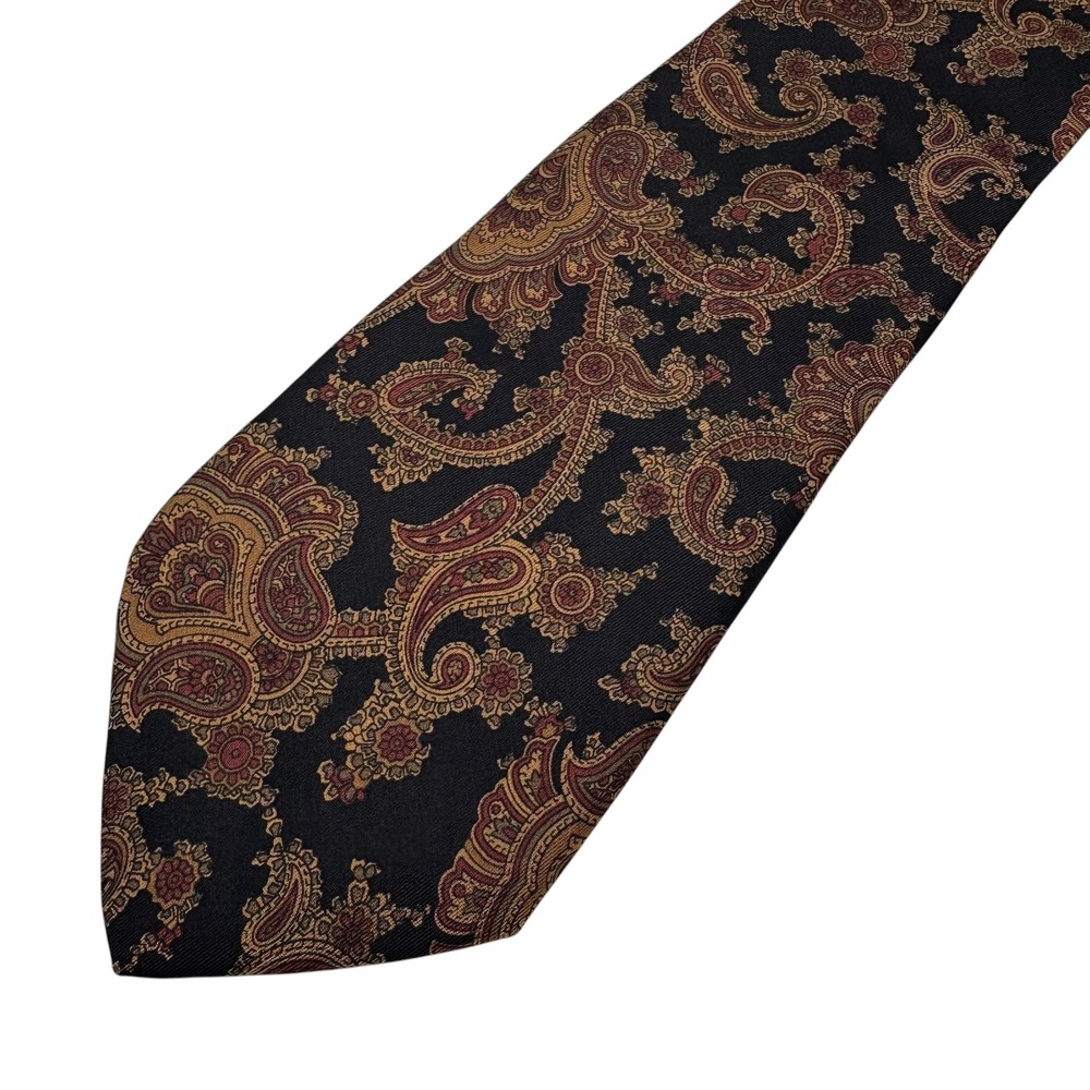 VTG Mallory & Church 56" x 3.5" Black Gold Paisley Pure Silk Mens Necktie
